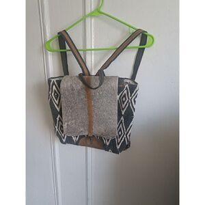 Myra Womens Grizzle Cowhide Upcycled Canvas Leather Gray Backpack Patchwork